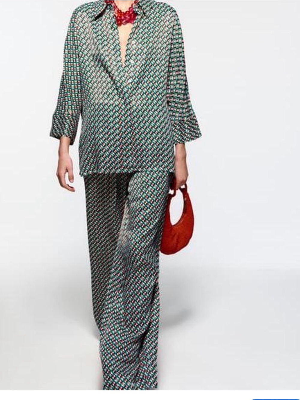 zara Wide Leg Printed satin silky geo geometric Pants green red Black trousers